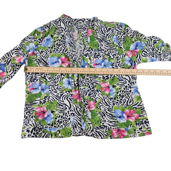 Vintage Hawaiian Cardigan Womens PL Large Petite 100% Linin Hibiscus Zebra Print - Picture 14 of 16